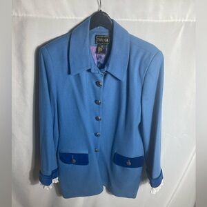 Vintage Ivana Wool Blazer Blue Velvet Trim Lace Cuff Size 18 Made in USA
